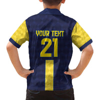 Ecuador La Tricolor Custom Family Matching Off The Shoulder Long Sleeve Dress and Hawaiian Shirt Gold and Navy Blue Motif