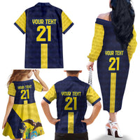 Ecuador La Tricolor Custom Family Matching Off The Shoulder Long Sleeve Dress and Hawaiian Shirt Gold and Navy Blue Motif