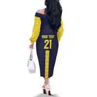 Ecuador La Tricolor Custom Family Matching Off The Shoulder Long Sleeve Dress and Hawaiian Shirt Gold and Navy Blue Motif