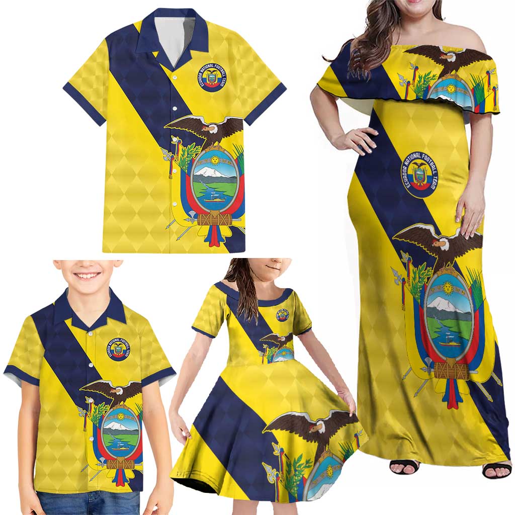Ecuador La Tricolor Custom Family Matching Off Shoulder Maxi Dress and Hawaiian Shirt Gold and Navy Blue Motif