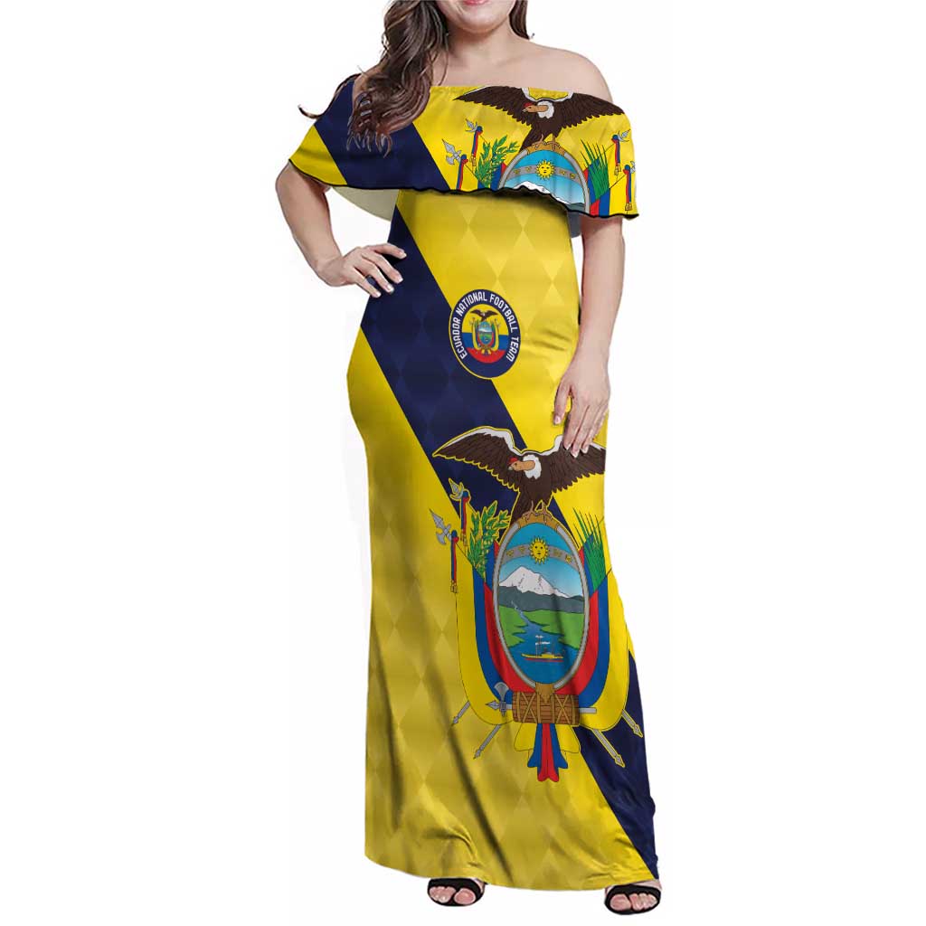 Ecuador La Tricolor Custom Family Matching Off Shoulder Maxi Dress and Hawaiian Shirt Gold and Navy Blue Motif