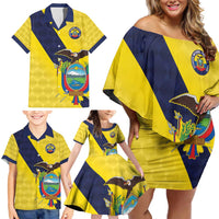 Ecuador La Tricolor Custom Family Matching Off Shoulder Short Dress and Hawaiian Shirt Gold and Navy Blue Motif
