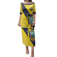 Ecuador La Tricolor Custom Family Matching Puletasi and Hawaiian Shirt Gold and Navy Blue Motif