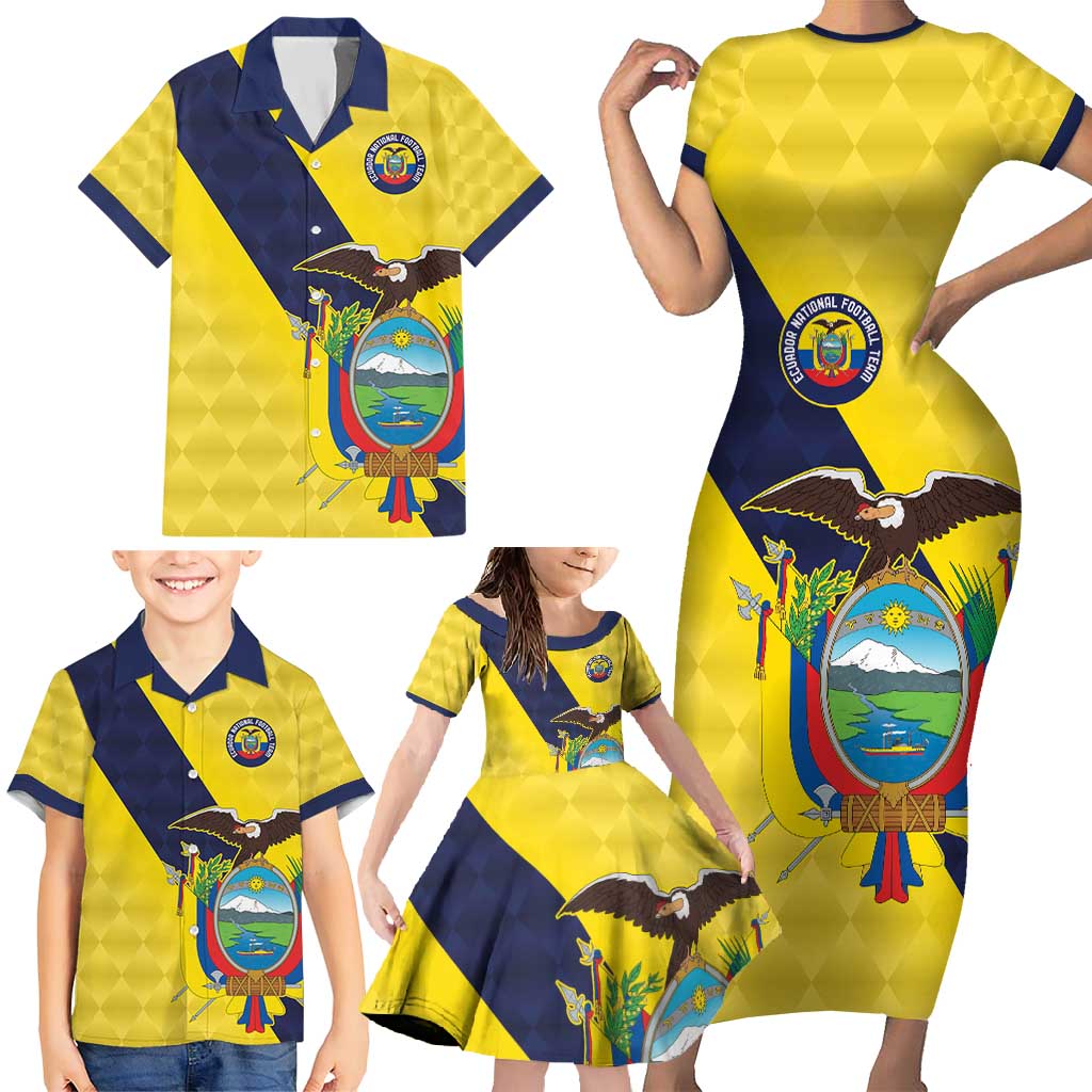 Ecuador La Tricolor Custom Family Matching Short Sleeve Bodycon Dress and Hawaiian Shirt Gold and Navy Blue Motif