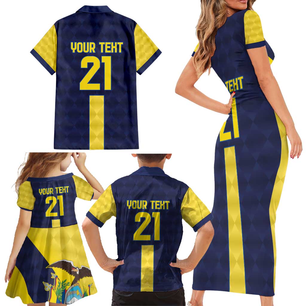 Ecuador La Tricolor Custom Family Matching Short Sleeve Bodycon Dress and Hawaiian Shirt Gold and Navy Blue Motif