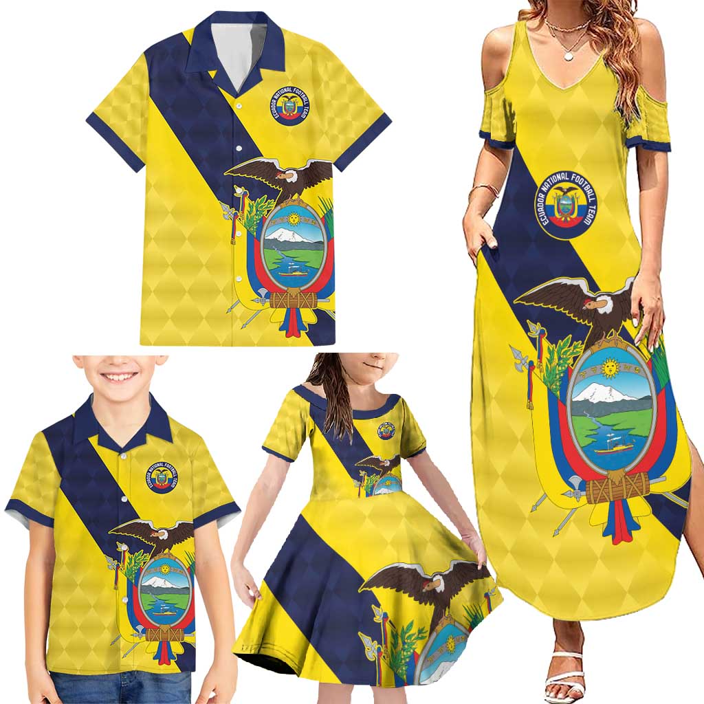 Ecuador La Tricolor Custom Family Matching Summer Maxi Dress and Hawaiian Shirt Gold and Navy Blue Motif