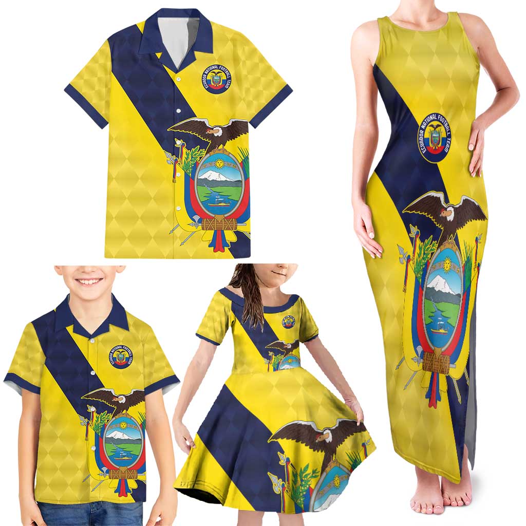 Ecuador La Tricolor Custom Family Matching Tank Maxi Dress and Hawaiian Shirt Gold and Navy Blue Motif