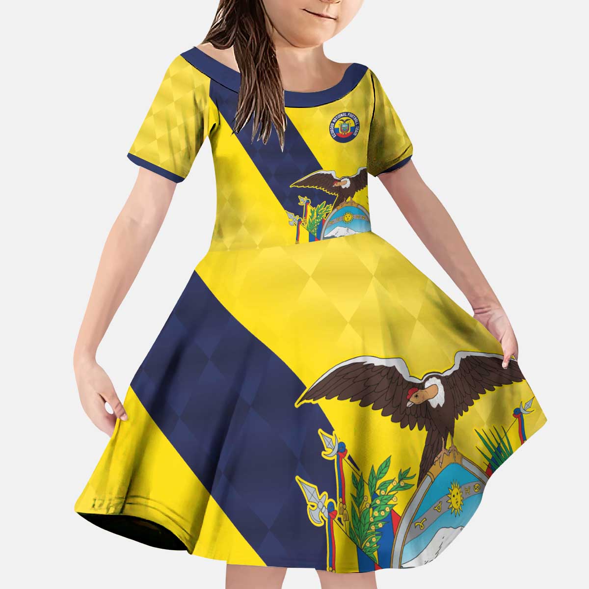Ecuador La Tricolor Custom Kid Short Sleeve Dress Gold and Navy Blue Motif