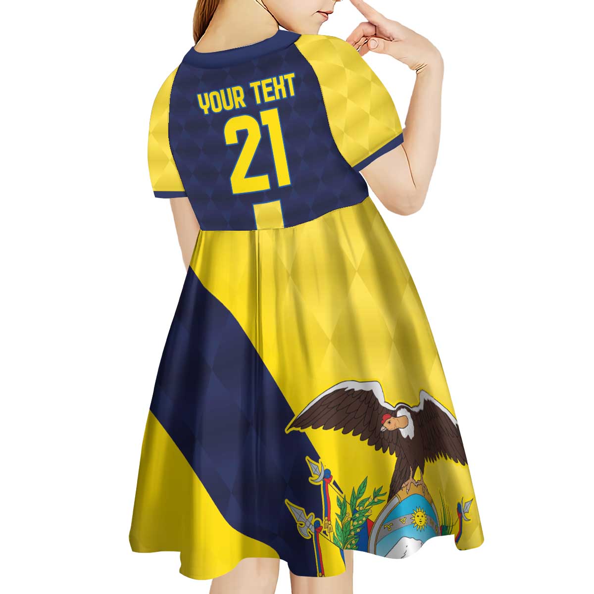 Ecuador La Tricolor Custom Kid Short Sleeve Dress Gold and Navy Blue Motif