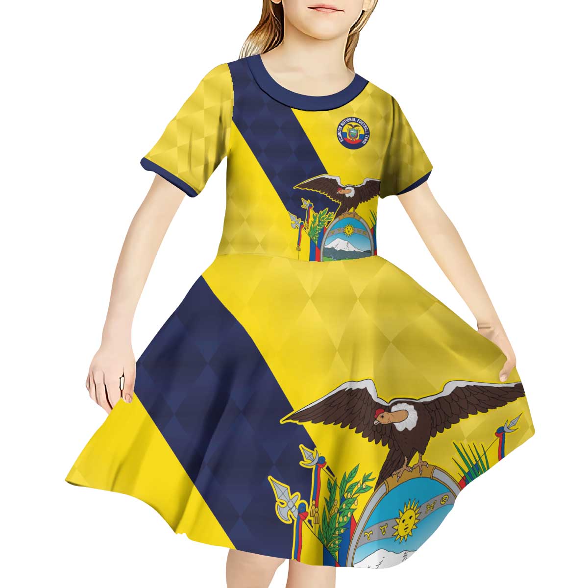 Ecuador La Tricolor Custom Kid Short Sleeve Dress Gold and Navy Blue Motif