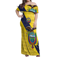 Ecuador La Tricolor Custom Off Shoulder Maxi Dress Gold and Navy Blue Motif