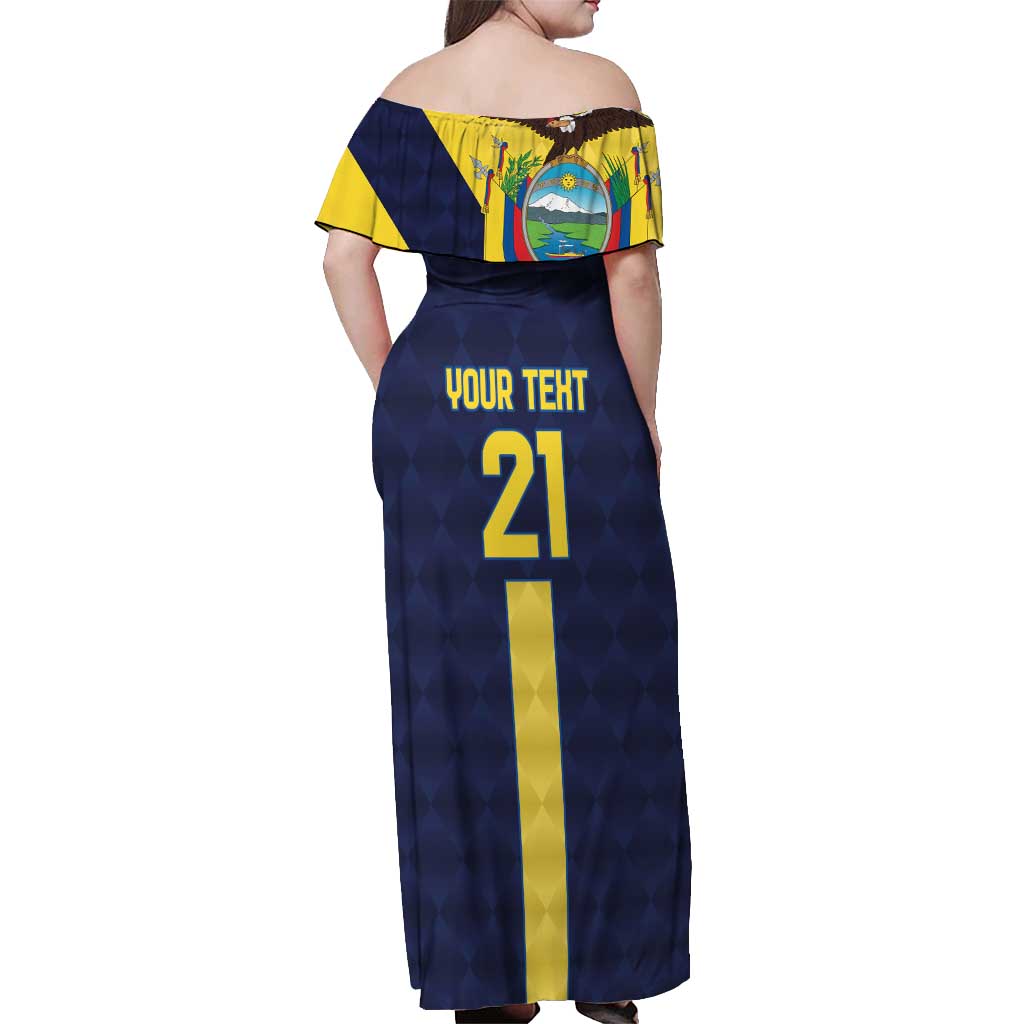 Ecuador La Tricolor Custom Off Shoulder Maxi Dress Gold and Navy Blue Motif