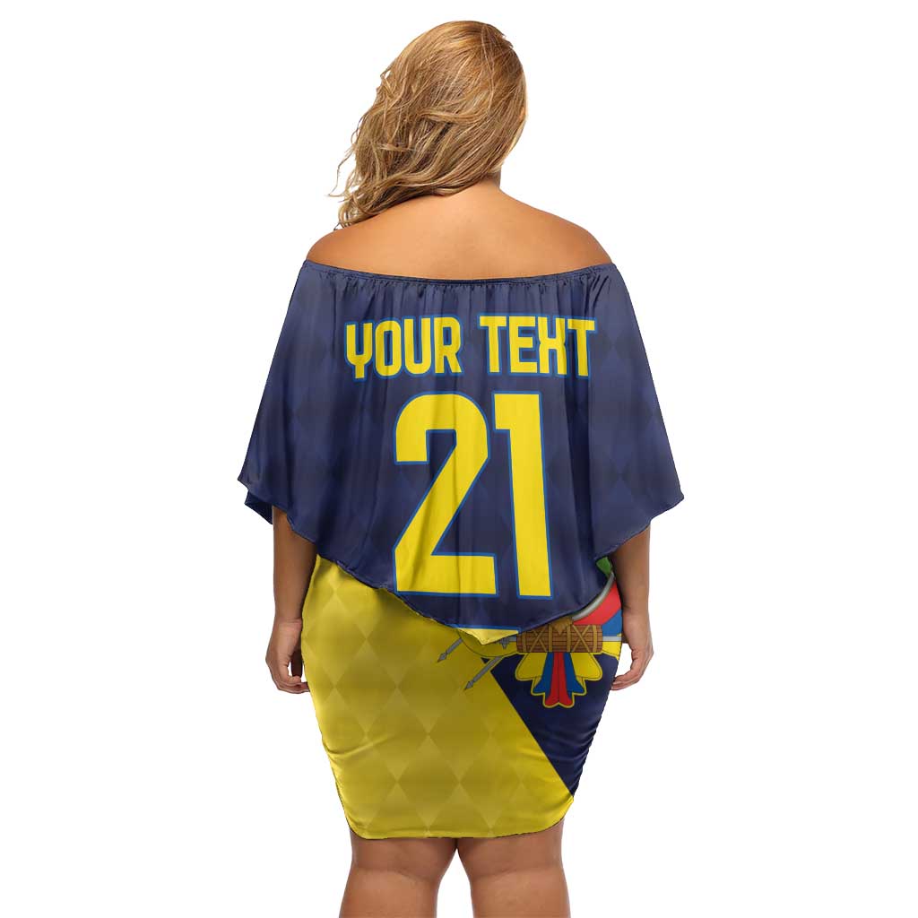 Ecuador La Tricolor Custom Off Shoulder Short Dress Gold and Navy Blue Motif