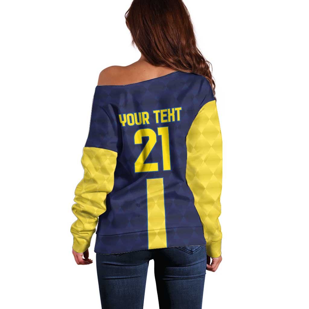 Ecuador La Tricolor Custom Off Shoulder Sweater Gold and Navy Blue Motif