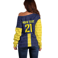 Ecuador La Tricolor Custom Off Shoulder Sweater Gold and Navy Blue Motif