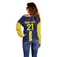 Ecuador La Tricolor Custom Off Shoulder Sweater Gold and Navy Blue Motif