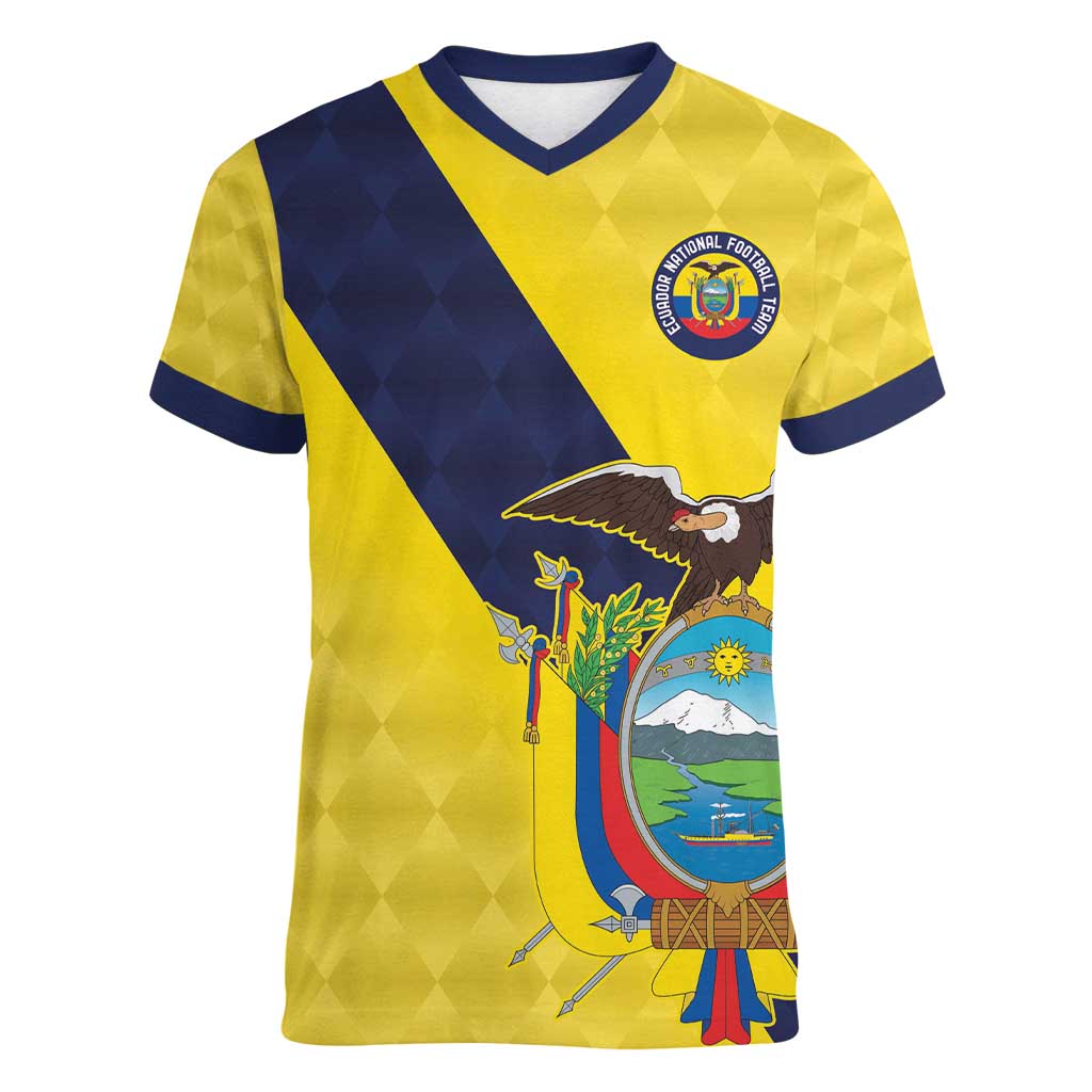 Ecuador La Tricolor Custom Women V-Neck T-Shirt Gold and Navy Blue Motif
