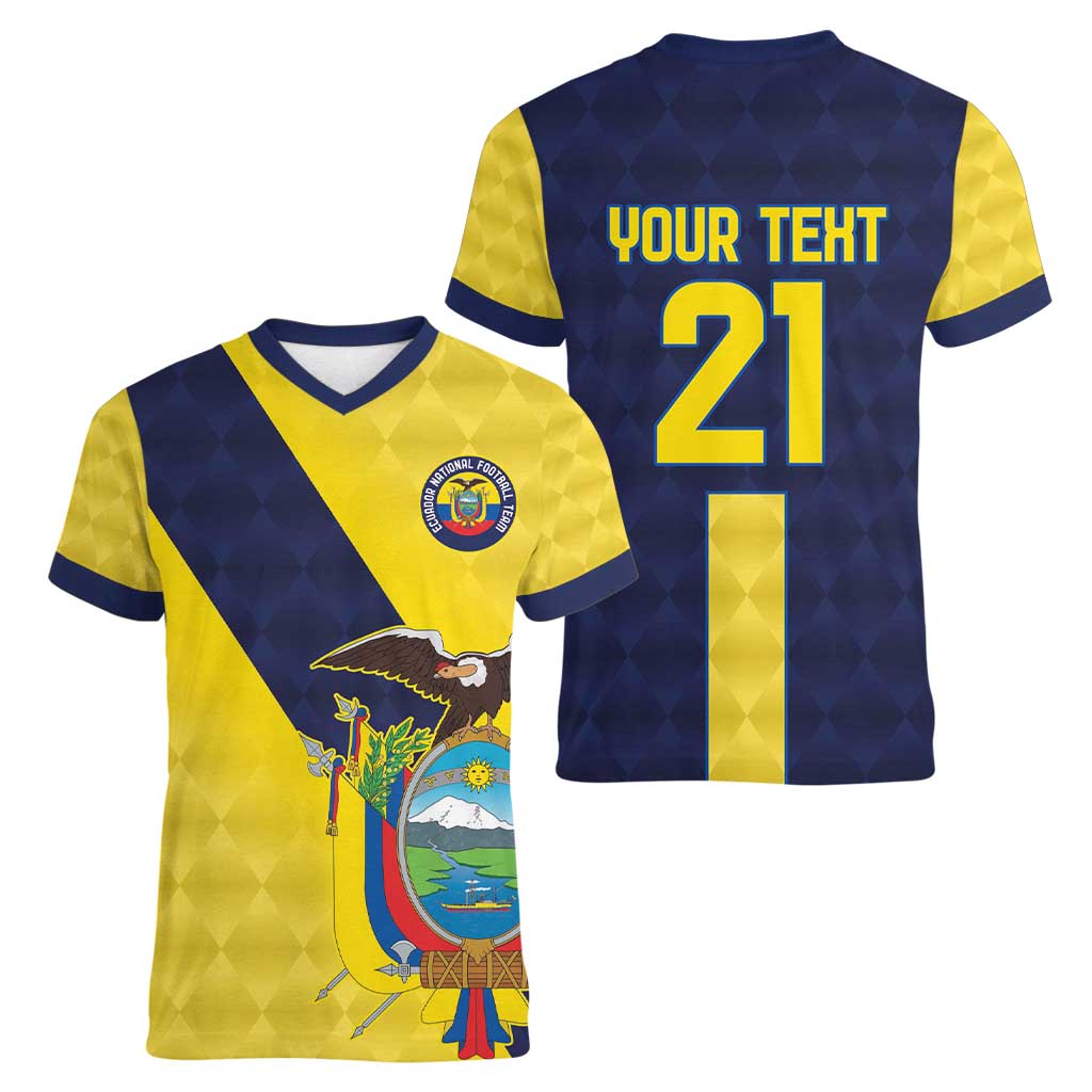 Ecuador La Tricolor Custom Women V-Neck T-Shirt Gold and Navy Blue Motif