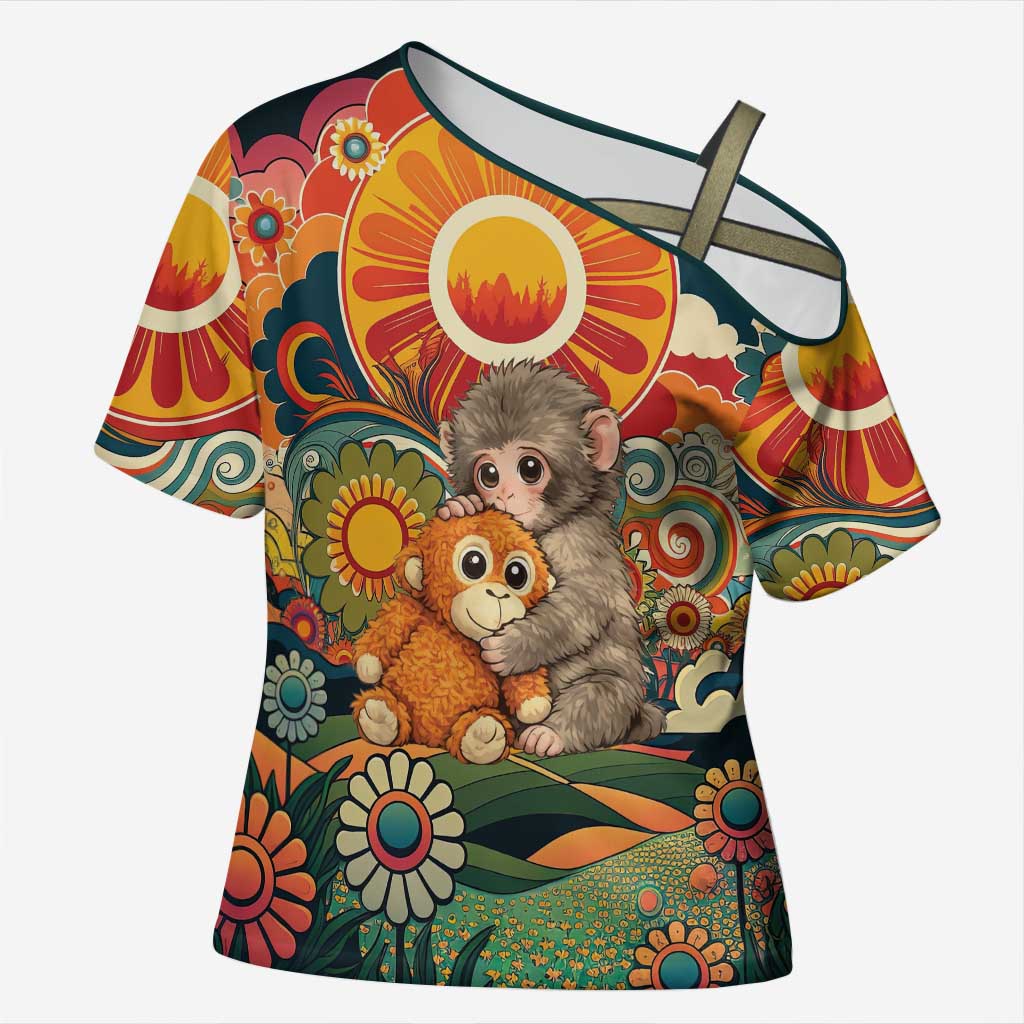 Baby Monkey Punch Cross Shoulder Shirt Retro 70S Hippie Style Groovy Spring