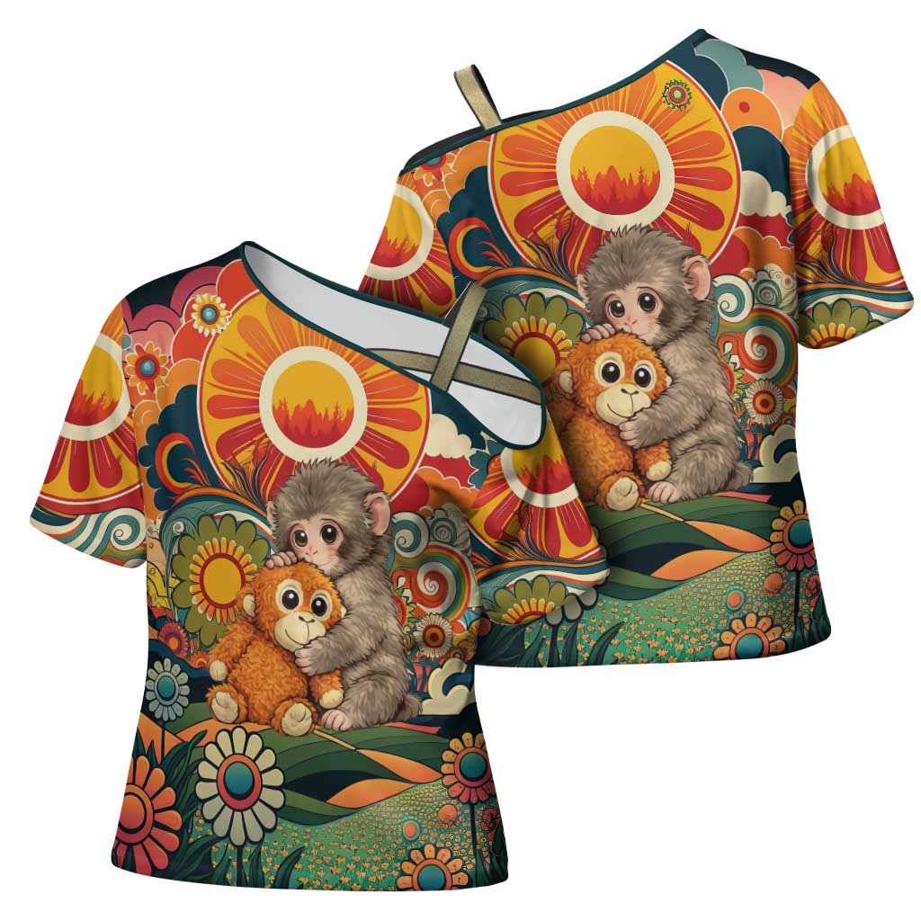 Baby Monkey Punch Cross Shoulder Shirt Retro 70S Hippie Style Groovy Spring