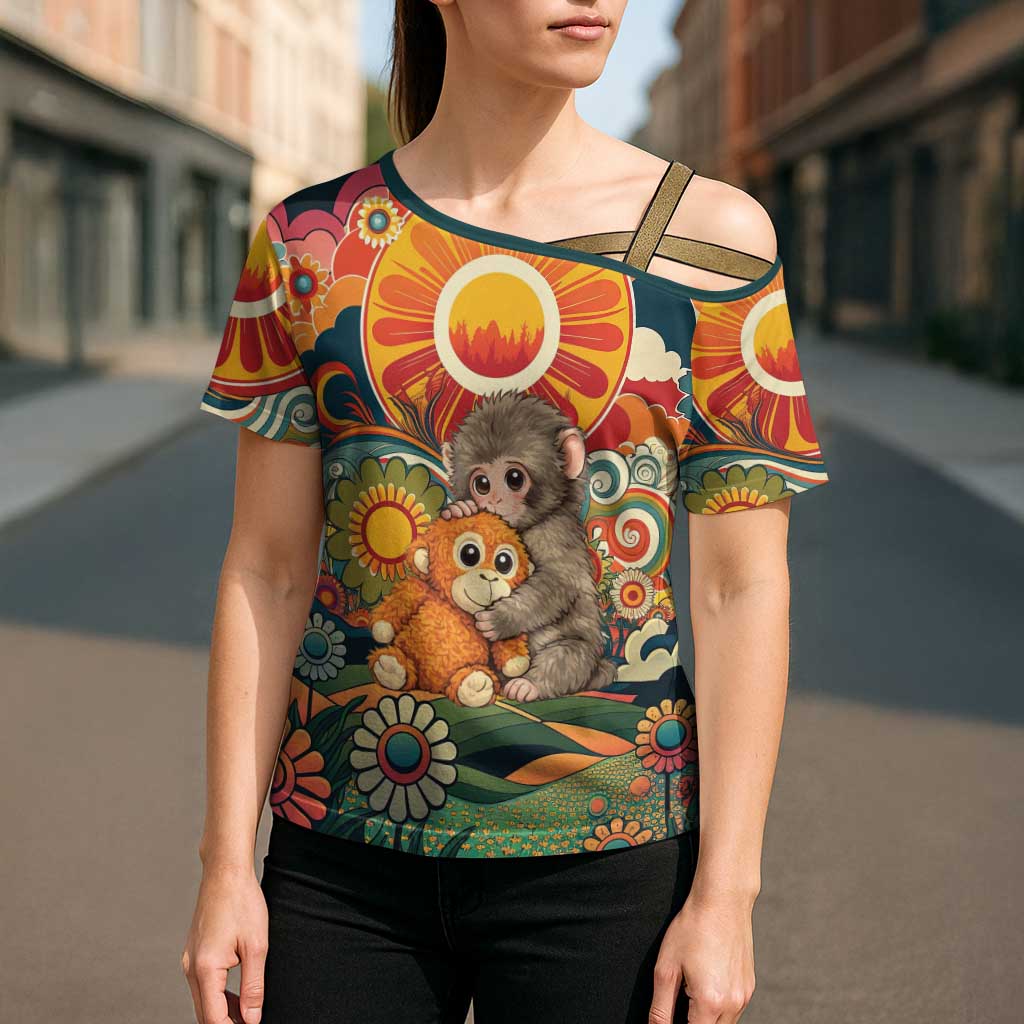 Baby Monkey Punch Cross Shoulder Shirt Retro 70S Hippie Style Groovy Spring