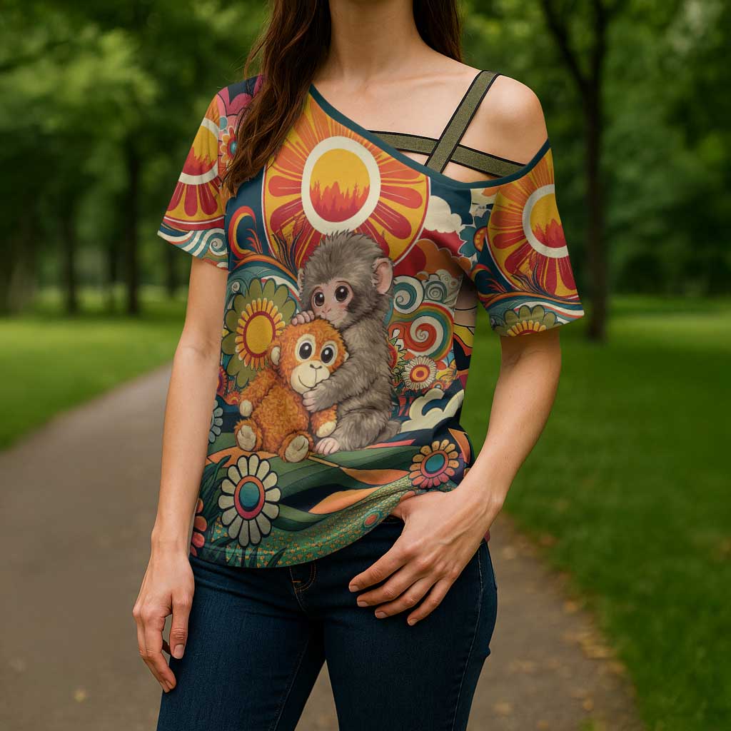 Baby Monkey Punch Cross Shoulder Shirt Retro 70S Hippie Style Groovy Spring