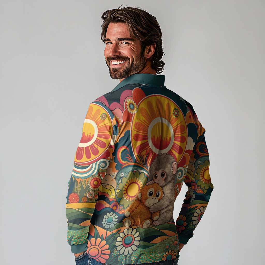 Baby Monkey Punch Long Sleeve Polo Shirt Retro 70S Hippie Style Groovy Spring