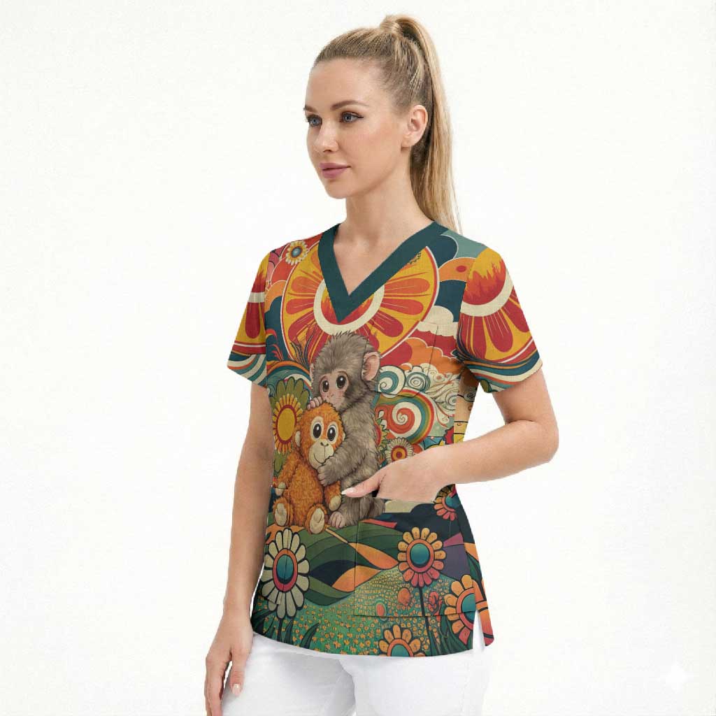Baby Monkey Punch Scrub Top Retro 70S Hippie Style Groovy Spring