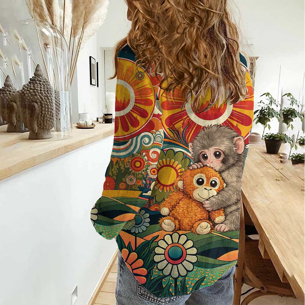 Baby Monkey Punch Women Casual Shirt Retro 70S Hippie Style Groovy Spring