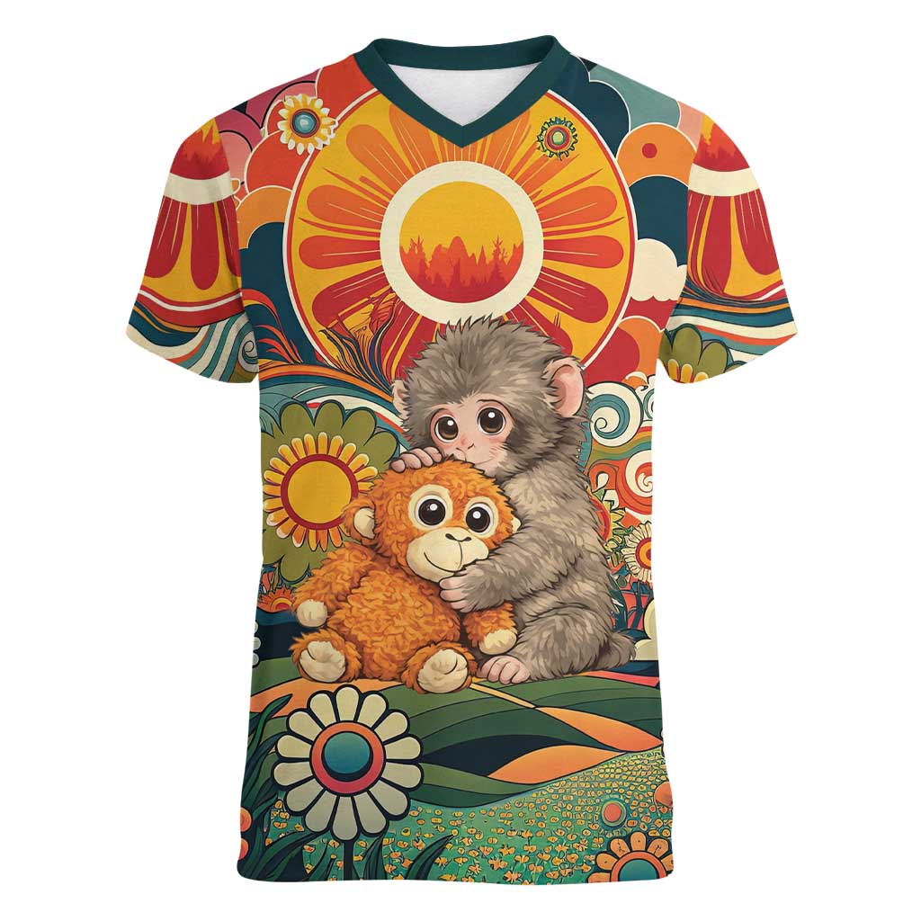 Baby Monkey Punch Women V-Neck T-Shirt Retro 70S Hippie Style Groovy Spring
