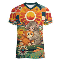 Baby Monkey Punch Women V-Neck T-Shirt Retro 70S Hippie Style Groovy Spring