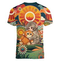 Baby Monkey Punch Women V-Neck T-Shirt Retro 70S Hippie Style Groovy Spring