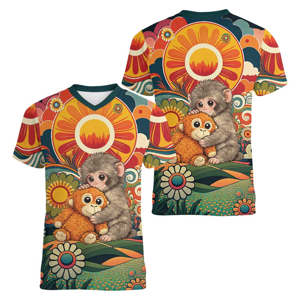 Baby Monkey Punch Women V-Neck T-Shirt Retro 70S Hippie Style Groovy Spring