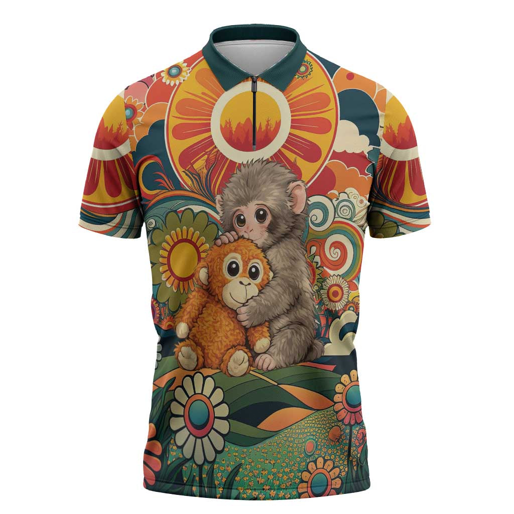 Baby Monkey Punch Zipper Polo Shirt Retro 70S Hippie Style Groovy Spring