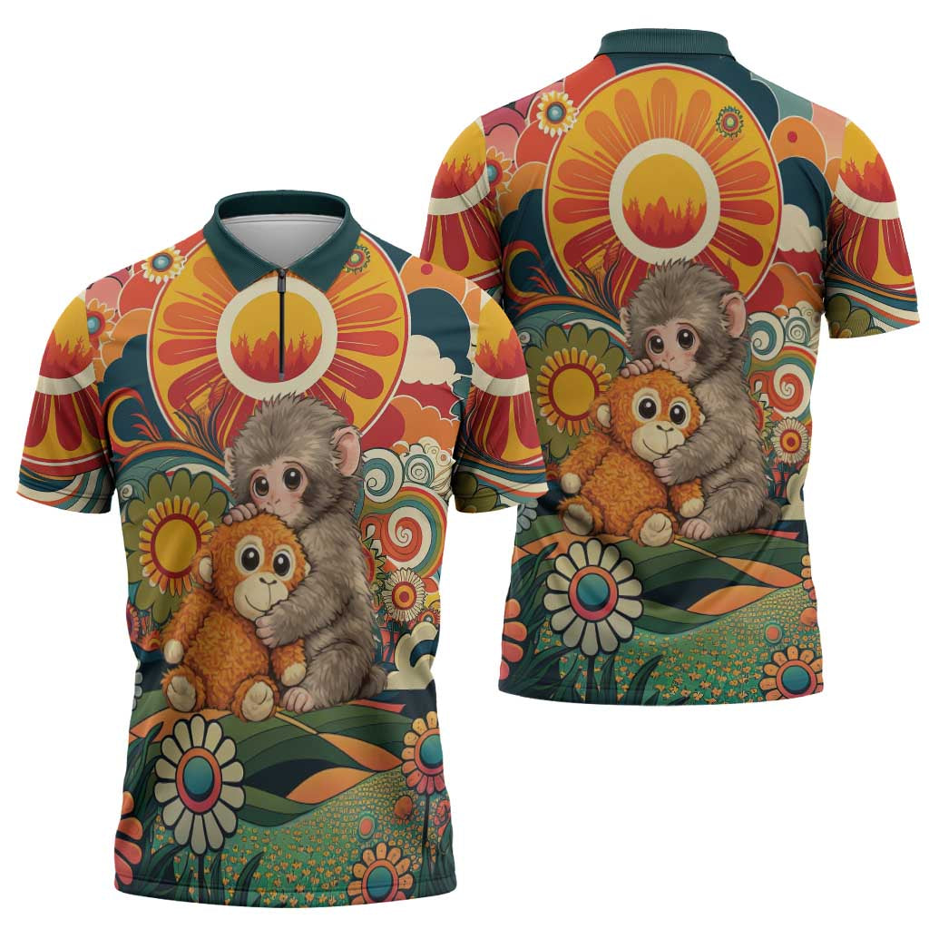 Baby Monkey Punch Zipper Polo Shirt Retro 70S Hippie Style Groovy Spring