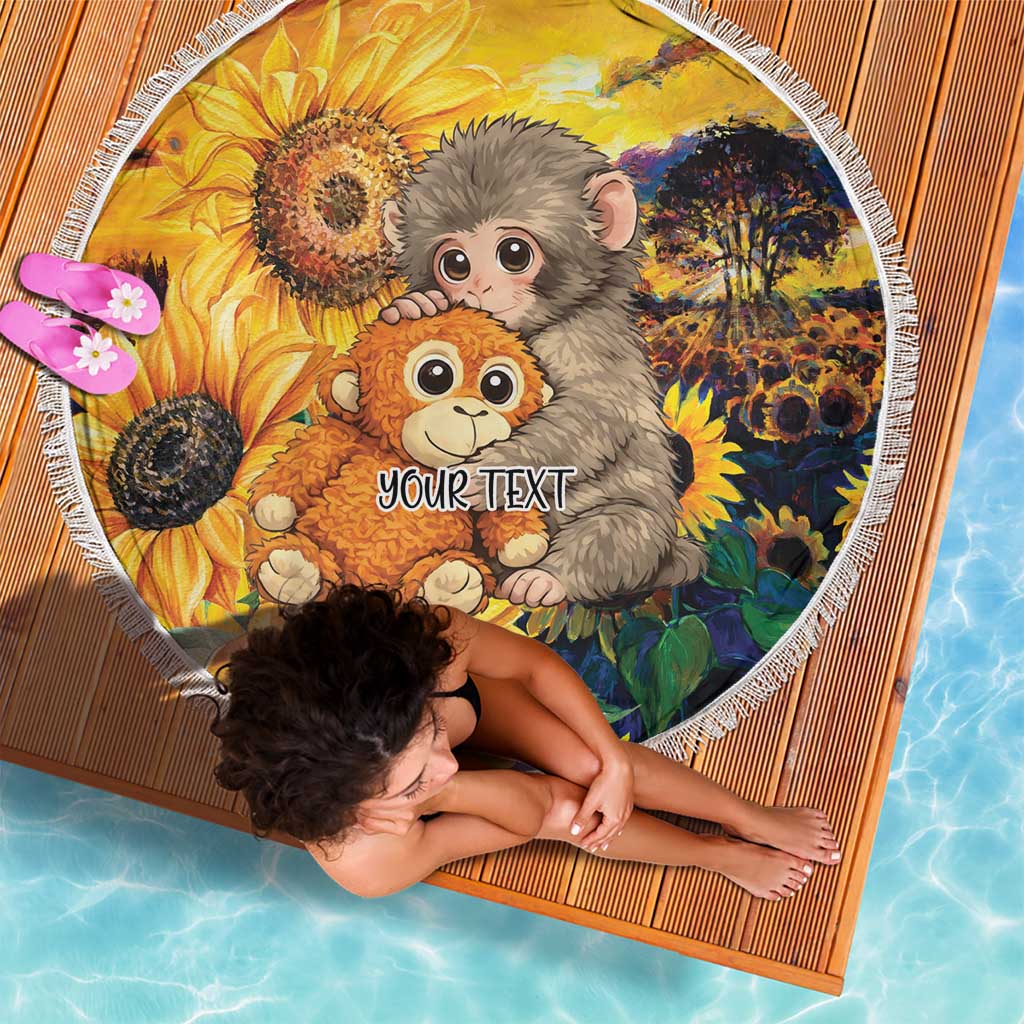 Baby Monkey Punch Personalized Beach Blanket Sunflower Field Oil Painting Style