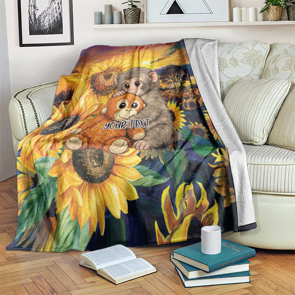 Baby Monkey Punch Personalized Blanket Sunflower Field Oil Painting Style