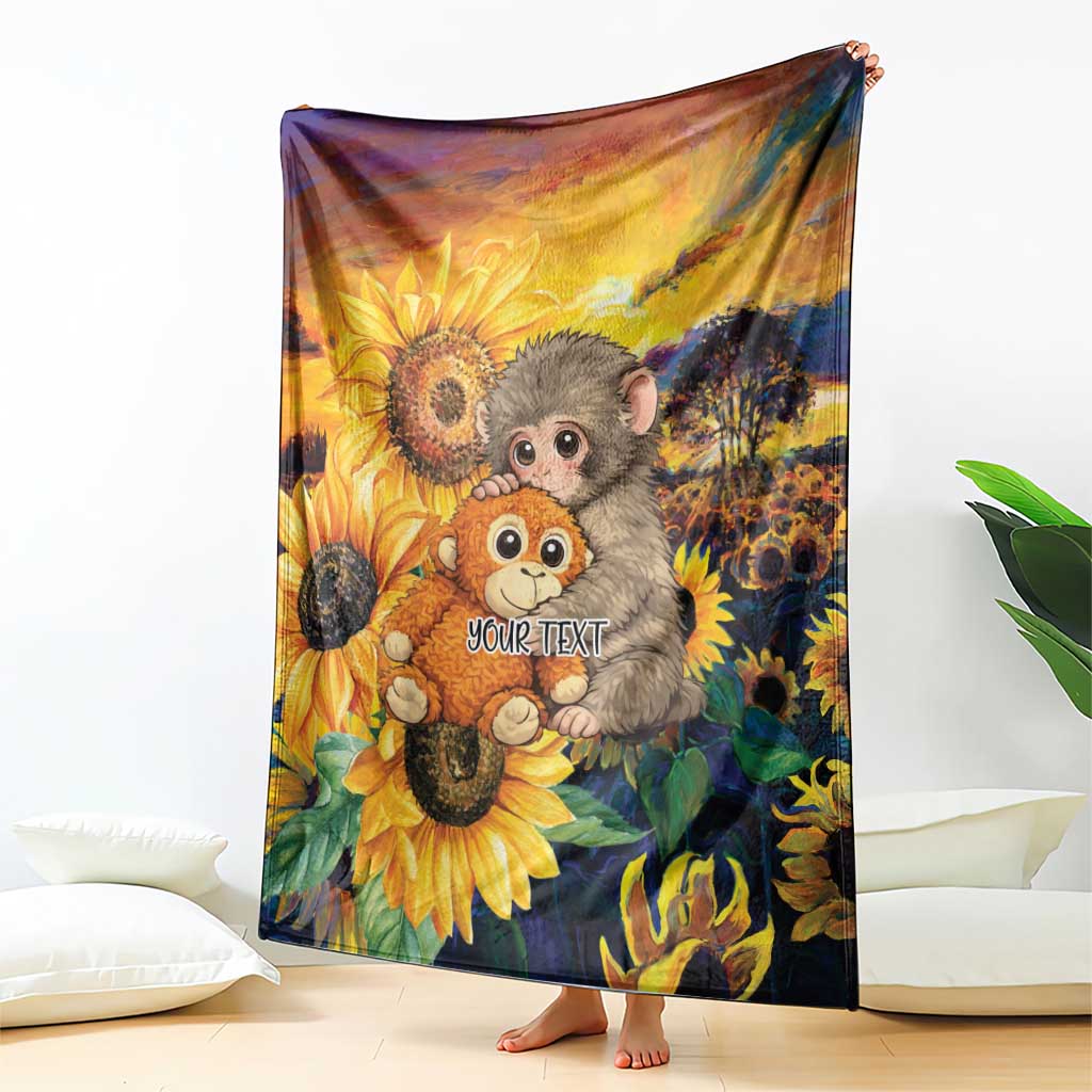 Baby Monkey Punch Personalized Blanket Sunflower Field Oil Painting Style