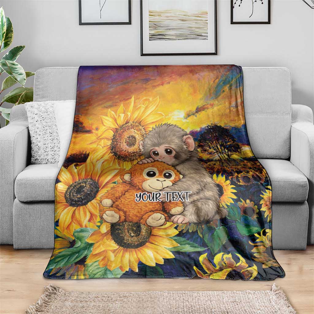 Baby Monkey Punch Personalized Blanket Sunflower Field Oil Painting Style