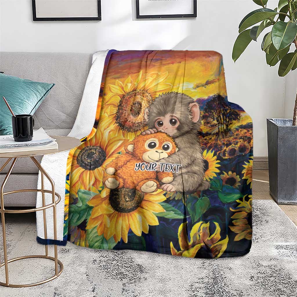 Baby Monkey Punch Personalized Blanket Sunflower Field Oil Painting Style
