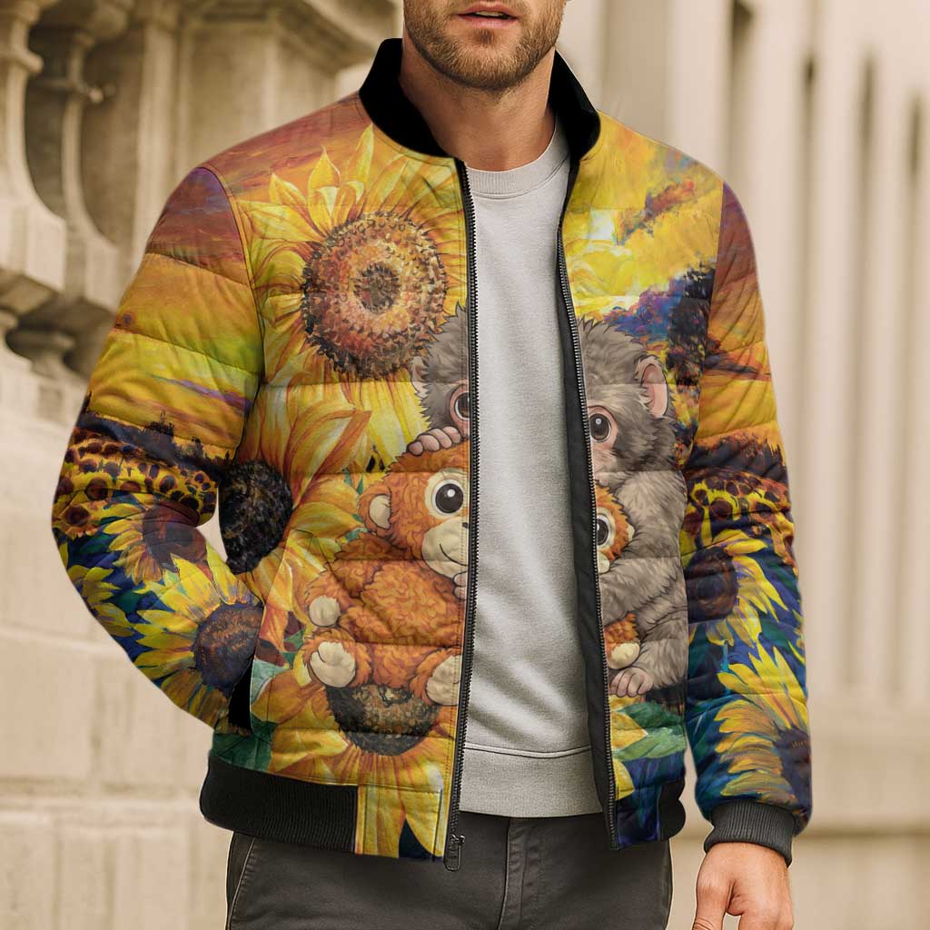 Baby Monkey Punch Personalized Bomber Puffer Jacket Sunflower Field Oil Painting Style