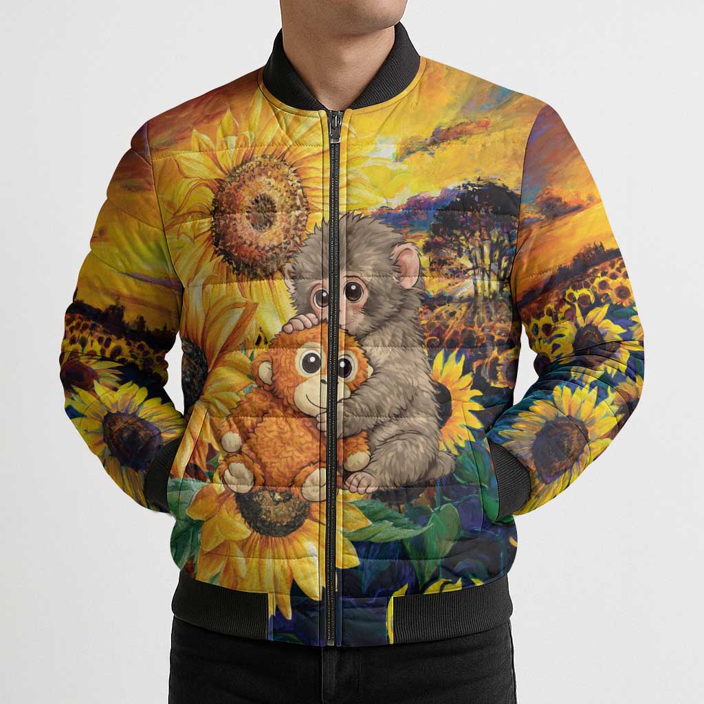 Baby Monkey Punch Personalized Bomber Puffer Jacket Sunflower Field Oil Painting Style