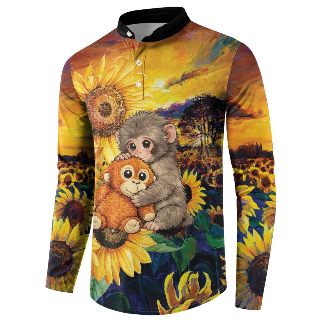 Baby Monkey Punch Personalized Button Sweatshirt Sunflower Field Oil Painting Style
