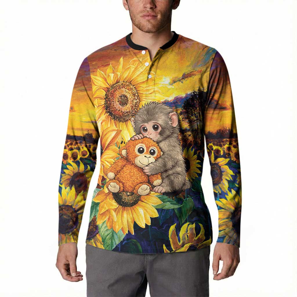 Baby Monkey Punch Personalized Button Sweatshirt Sunflower Field Oil Painting Style