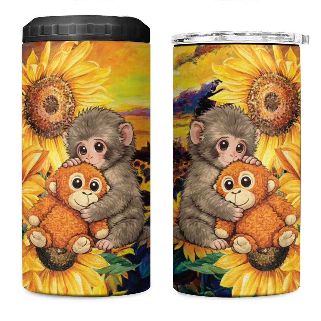 Baby Monkey Punch Personalized 4 in 1 Can Cooler Tumbler Sunflower Field Oil Painting Style