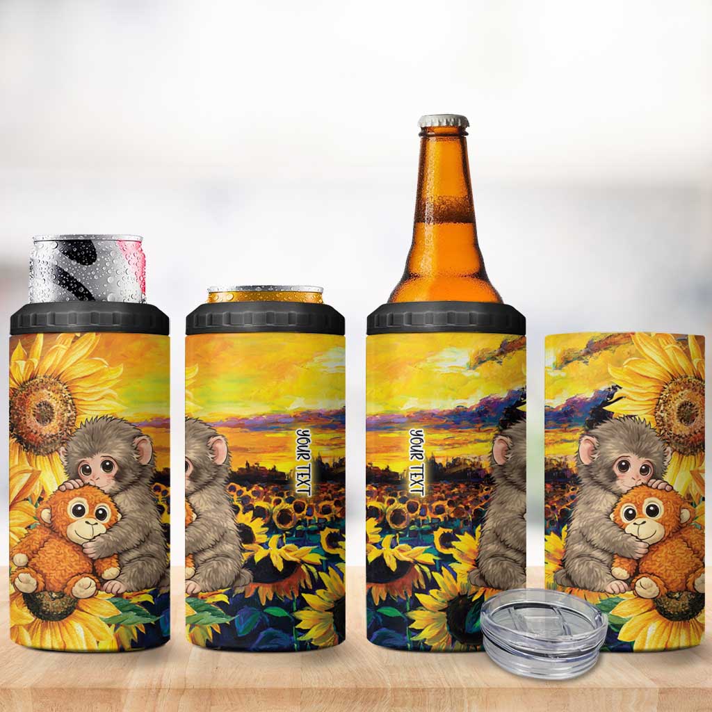 Baby Monkey Punch Personalized 4 in 1 Can Cooler Tumbler Sunflower Field Oil Painting Style