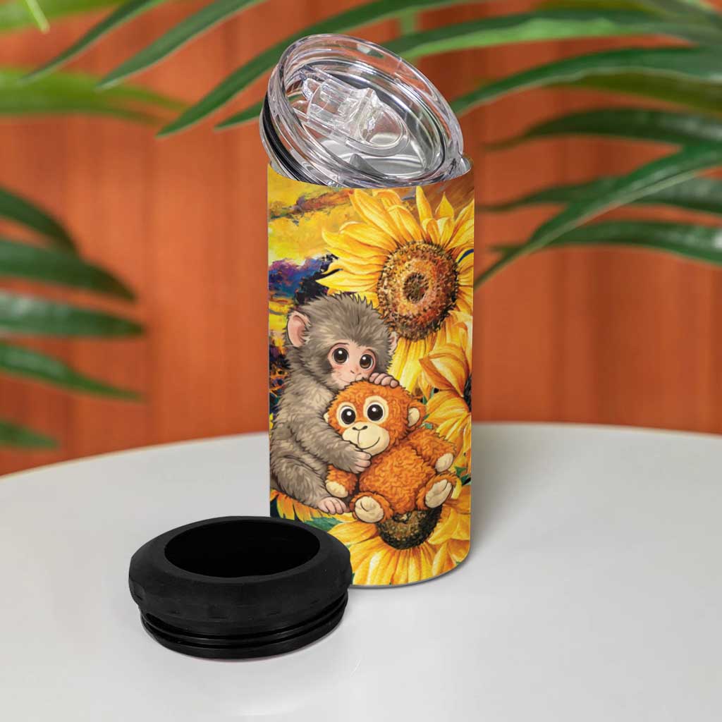 Baby Monkey Punch Personalized 4 in 1 Can Cooler Tumbler Sunflower Field Oil Painting Style