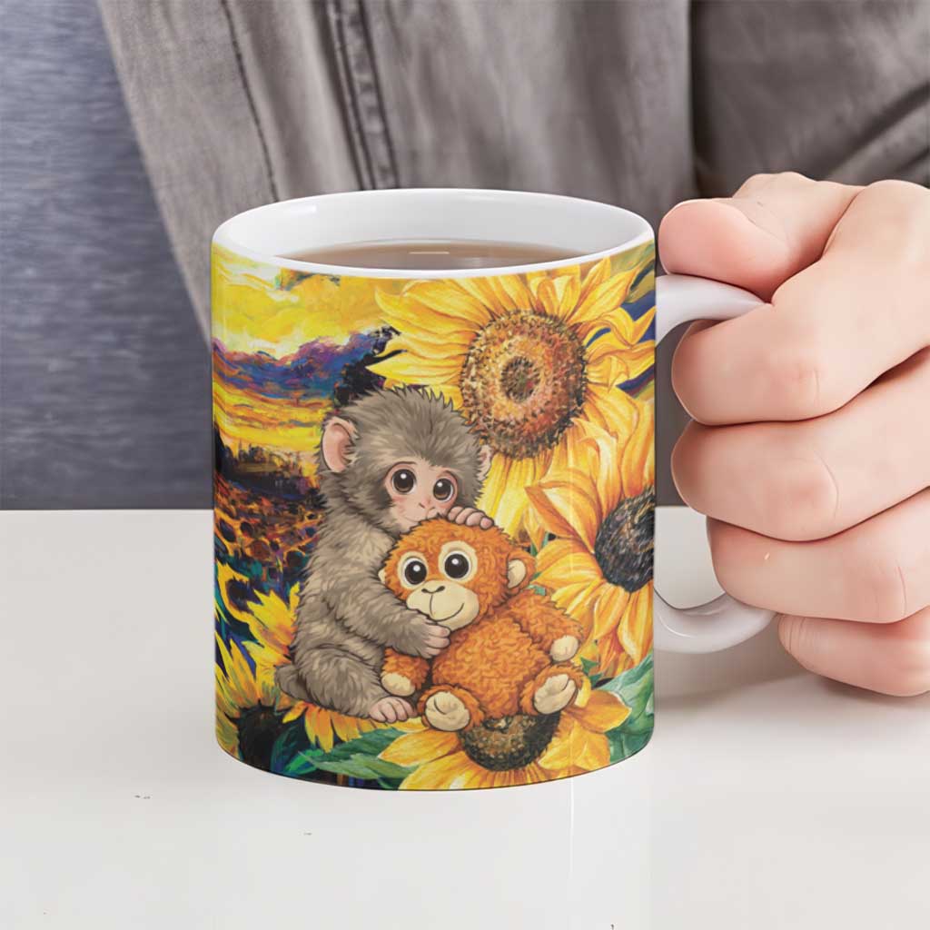 Baby Monkey Punch Personalized Ceramic Mug Sunflower Field Oil Painting Style