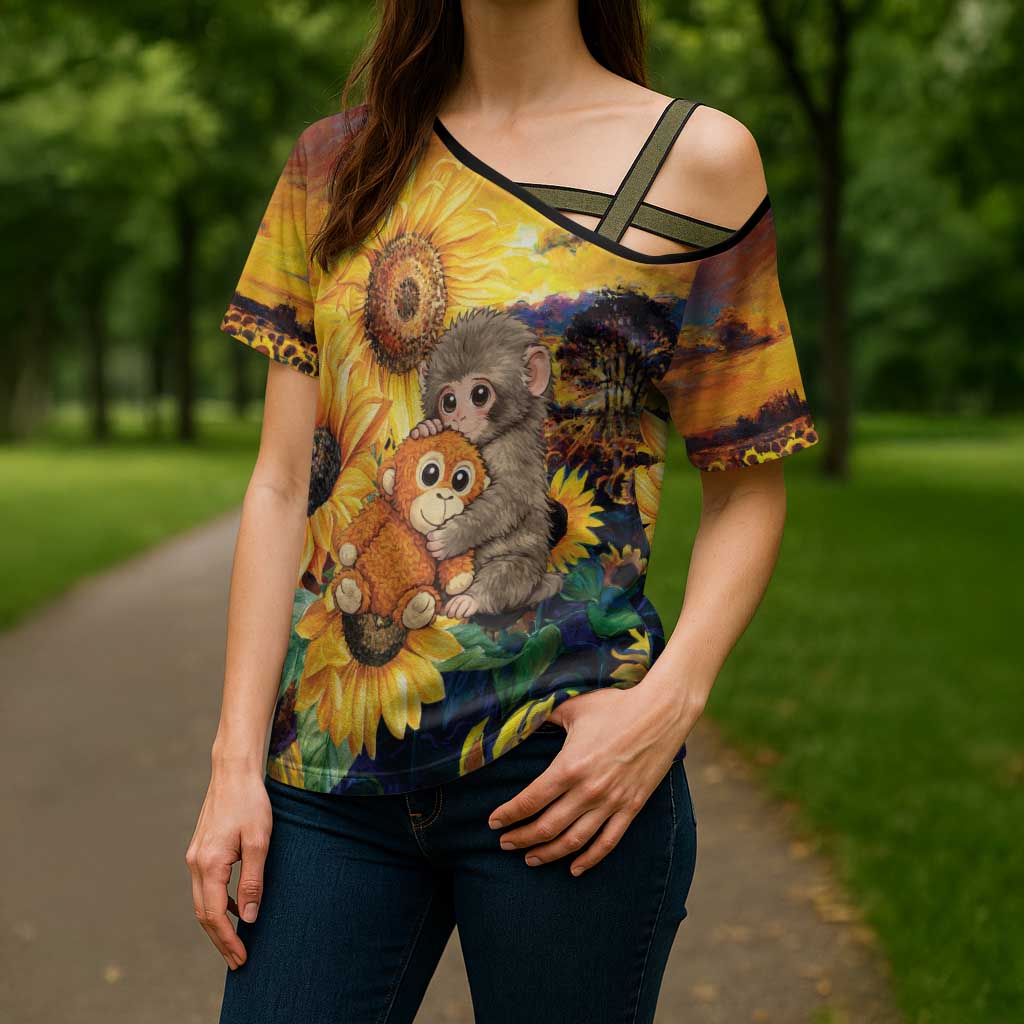 Baby Monkey Punch Personalized Cross Shoulder Shirt Sunflower Field Oil Painting Style