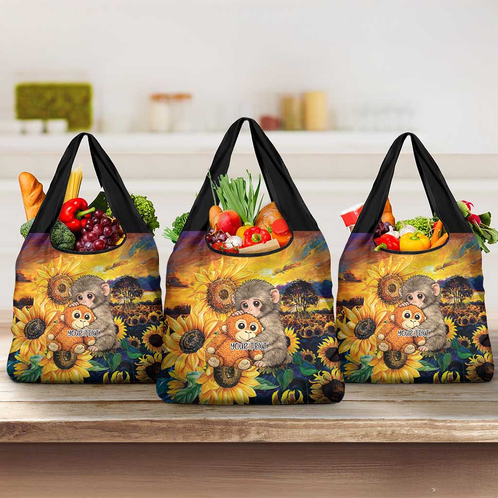Baby Monkey Punch Personalized Grocery Bag Sunflower Field Oil Painting Style
